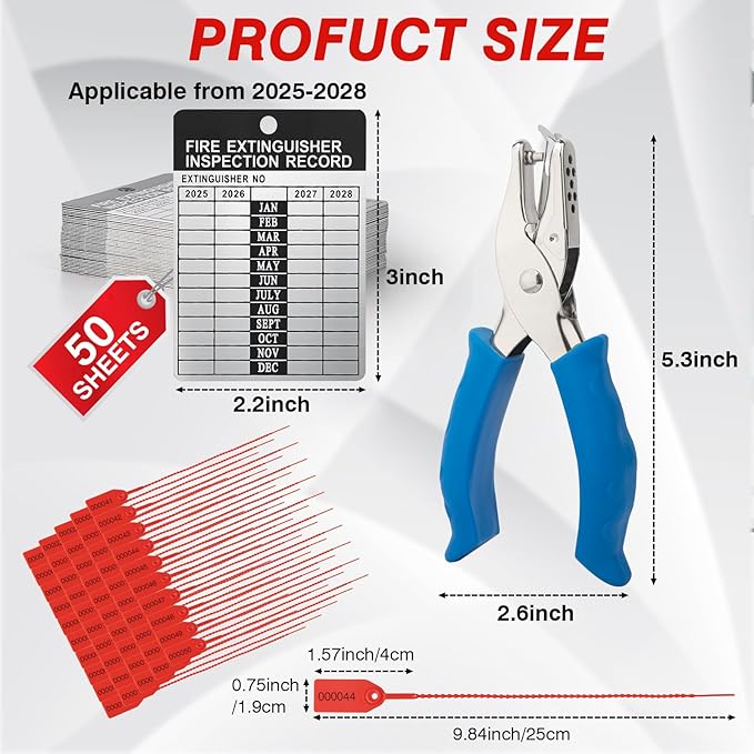 50 Sets 2025–2028 Fire Extinguisher Tags Aluminum Metal Inspection Record Tags 2.2 x 3 Inch with Hole Puncher & Numbered Security Zip Ties for Monthly Fire Extinguisher Inspection Indoor Outdoor