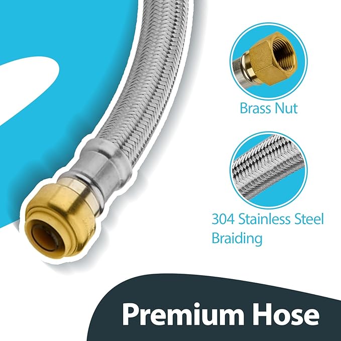 (50 Pack) Seelink 15-Inch Stainless Steel Flexible Water Heater Hose, 1/2" Push-Fit x 3/4" FIP, Push-to-Connect for Copper, PEX, and CPVC