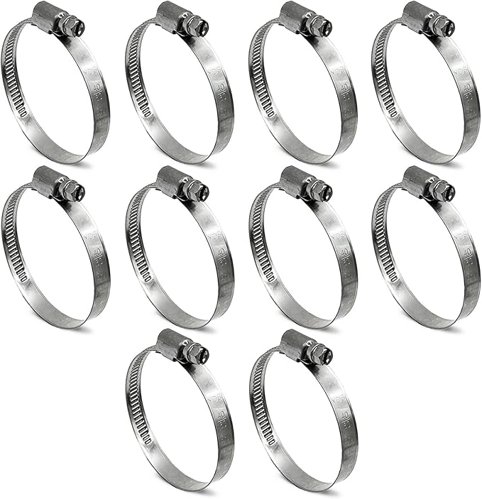 Embossed Worm Gear Hose Clamps Size#28, 1-5/8 T0 2-3/8 inch Adjustable Heavy Duty Stainless Steel Hose Clamp, all 304 for Automotive Hose Clips (40-60 mm, 10 Pack)