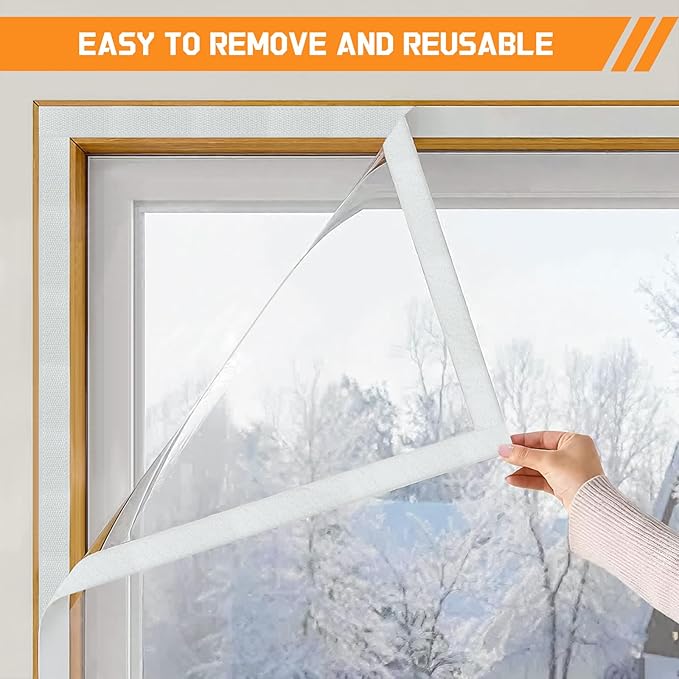 Adjustable Window Insulation Kit for Winter 63x63in Cuttable Transparent Film 180㎛ Thickness with Adhesive Straps Easy to Open for Ventilation Reusable Plastic Window wrap