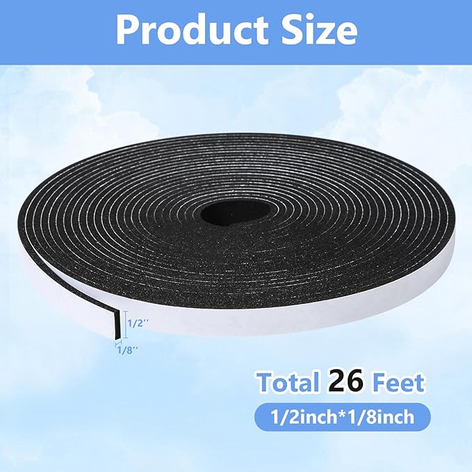 Weather Stripping Door Seal Strip- 1/2 Inch X 1/8 Inch X 26Feet, Strong Adhesive, Lightproof, Soundproof, Weatherproof Foam Tape Insulation for Sliding Door, Front Door Frame, Windows- Black