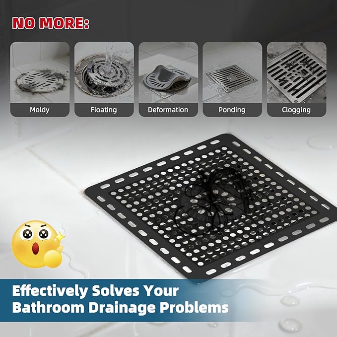 Hibbent Upgraded Shower Drain Hair Catcher, Shower Drain Cover for Bathroom Floor 6" Drain, Anti-Clogging Bathtub Drain Strainer, Stainless Steel Kitchen Sink Drain Strainer with Handle, Matte Black