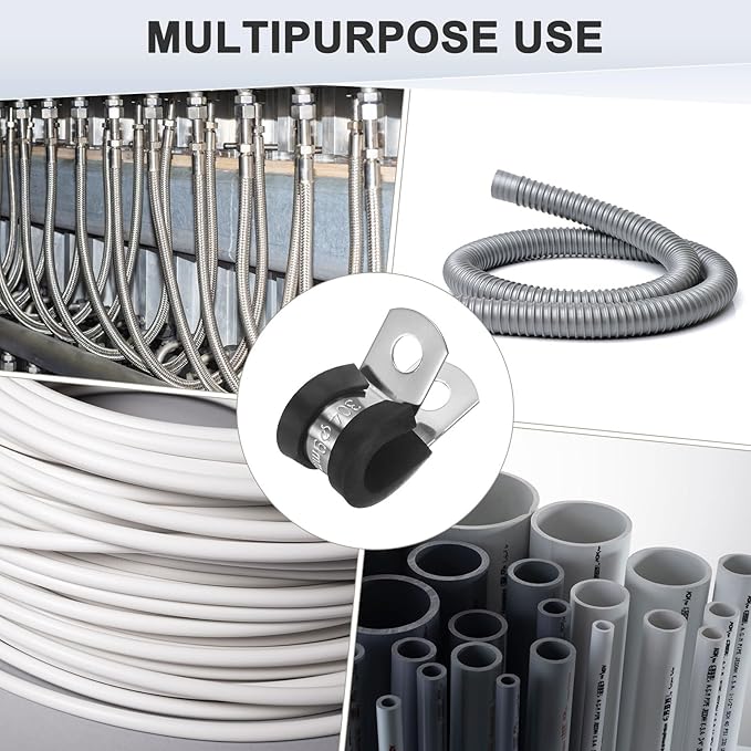 12-Pack Cable Clamps, 23/64 Inch/ 9 mm 304 Stainless Steel Rubber Cushioned Insulated Cable Clamp R Shape Metal Holder for Tube/Wire/Pipe/Loop Installation