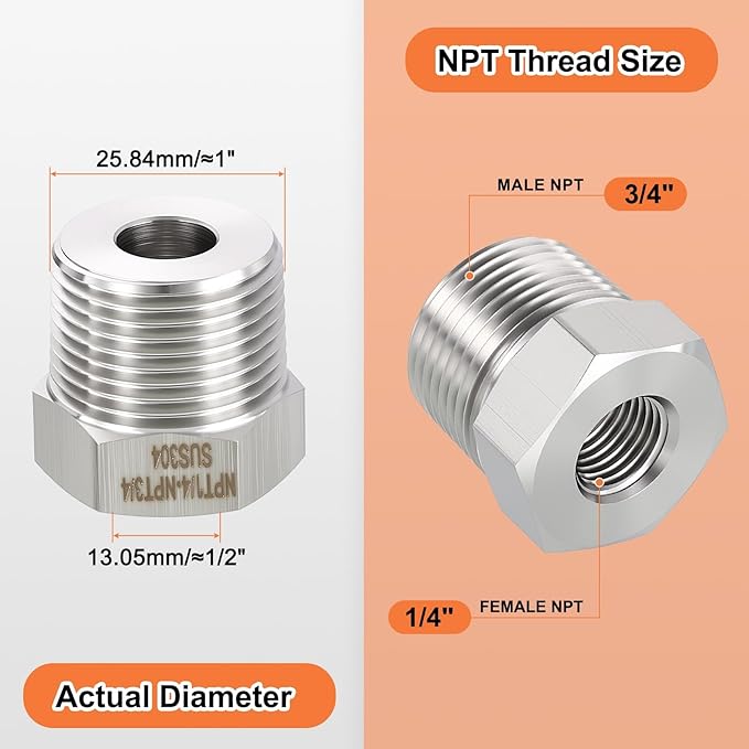 2 Pack 304 Stainless Steel Male to FeMale Adapter, 3/4" Male NPT x 1/4" FeMale NPT Hex Bushing Reducer for Industrial, Automotive, Fluid Transfer, Home Gardening, Water Treatment