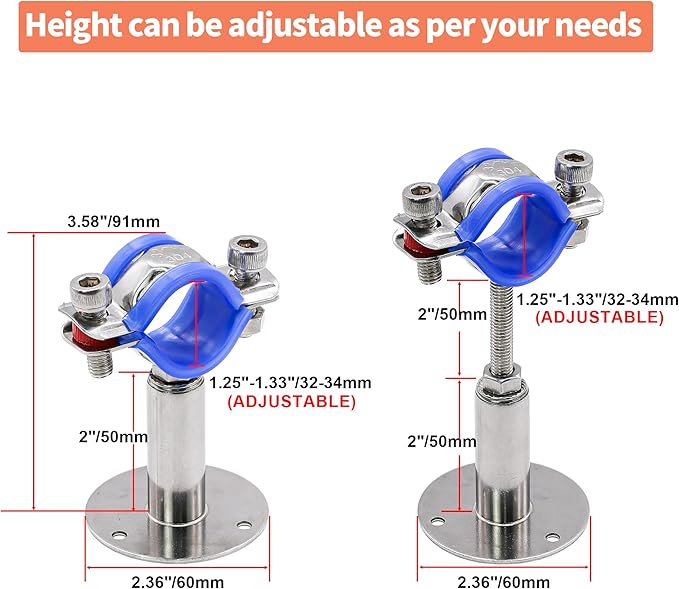 AKIHISA 2 Pcs 304 Stainless Steel Pipe Supports, Wall Mount Ceiling Mount Pipe Hanger, Pipe Holder for OD Pipe 32-34MM Adjustable Height Range 50-100mm