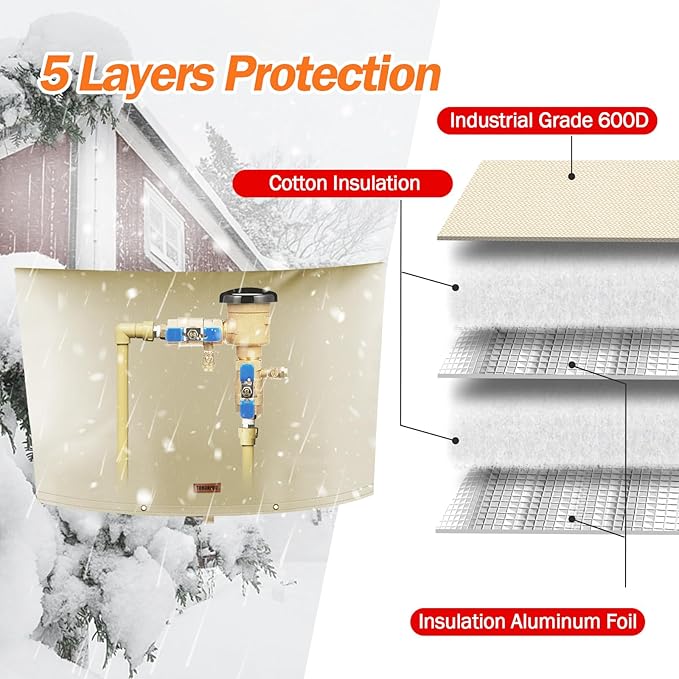 Backflow Preventer Pipe Insulation Cover (5°F) - Irrigation Sprinkler Valve Insulated Pouch - Water Well Pump Cover - Sturdy 5 Layers for Winter Freeze Protection, 90" W x 60" H, Beige