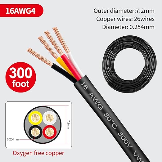 16 Gauge Wire 4 Conductor,16 AWG Electrical Wire Stranded PVC Cord Oxygen-Free Copper Cable,300 FT Tinned Copper Hookup Wire Cord for LED Lamp Lighting Strips Automotive (300FT, 16AWG-4C)…