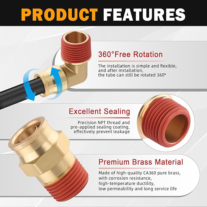 5PCS DOT Air Brake Line Fittings Brass 90 Degree Union Elbow Joint DOT Approved 3/8" Tube OD x 1/4" NPT Thread Air Brake Line Adapter Air Suspension Kit for Car Truck Trailers