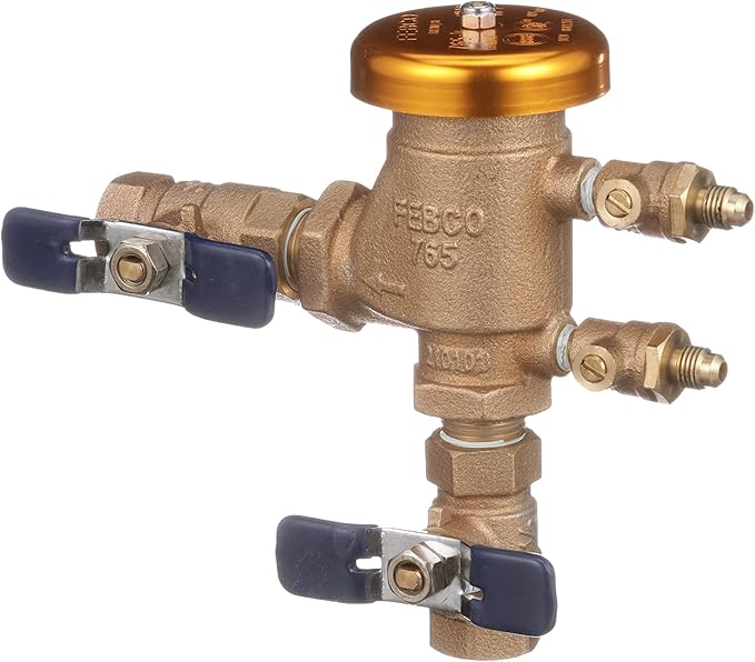 Febco 765 Series 1/2" Bronze Pressure Vacuum Breaker Backflow Preventer, Quarter Turn Shutoff, NPT Connections, Spring-Loaded Check Valves, Max Pressure 150 psi, Industrial Plant, Irrigation System