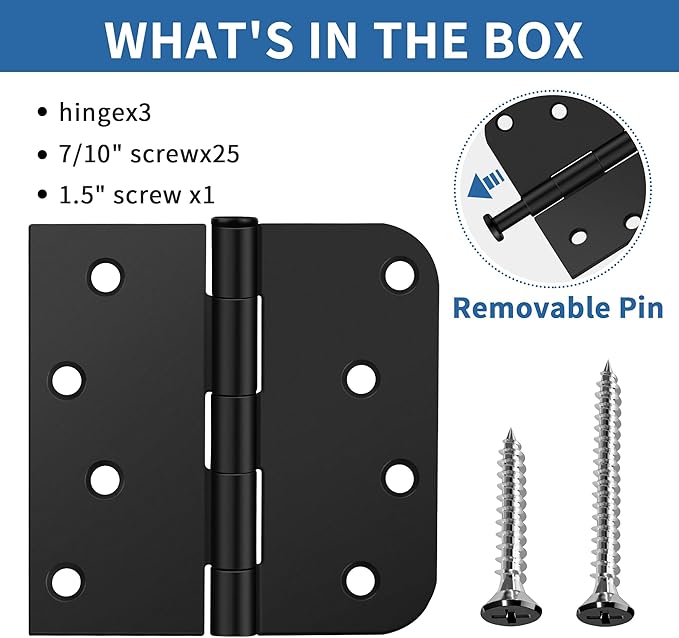 3 Pack Matte Black Door Hinges 4 Inch, Exterior Door Hinges with 5/8" Radius & Square Corners, Removable Pin, Perfect for Heavy-Duty Front & Back Door, Anti-Rust & No Squeaks