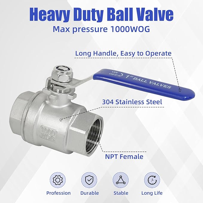 YADIAN 2 Pack 1 inch Ball Valve NPT Female Full Port 304 Stainless Steel 1'' Ball Valve Heavy Duty Shut Off Valve for Water, Oil, and Gas with Blue Locking Handles, 1000 WOG