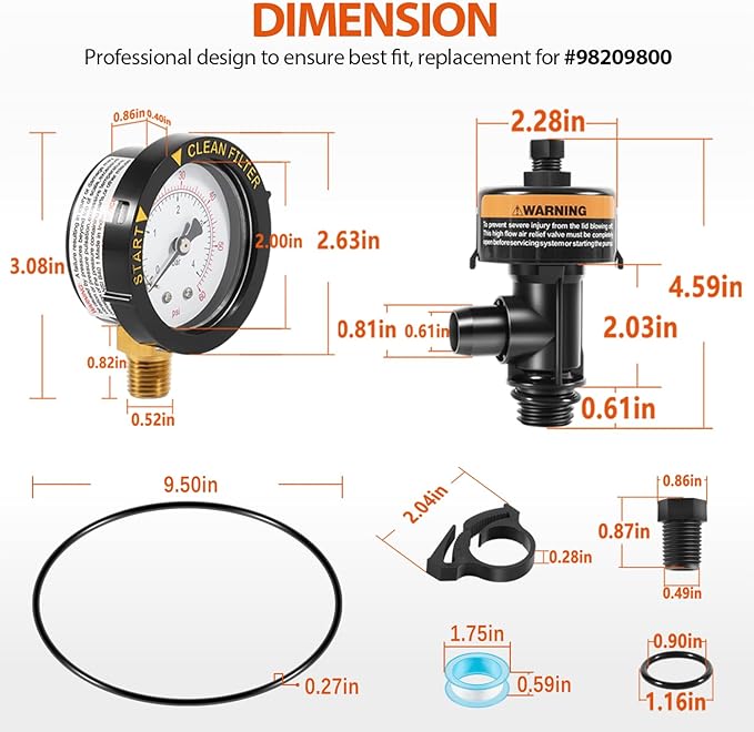 98209800 High Flow Manual Relief Valve/Air Relief Manual Valve Assembly with Pressure Gauge, Replacement for Pool and Spa Filter (98209800+87300400)