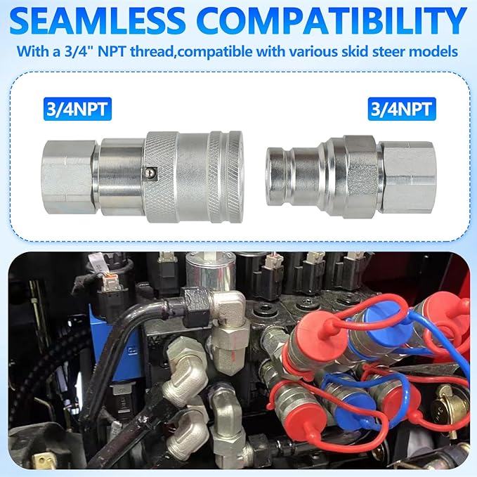 3/4’’ NPT Flat Face Hydraulic Quick Connect Couplers/Couplings with Dust Caps, The Universal Bobcat Flat Face Quick Connect Fittings with with 1/2" Body ISO 16028 Standard-2Set