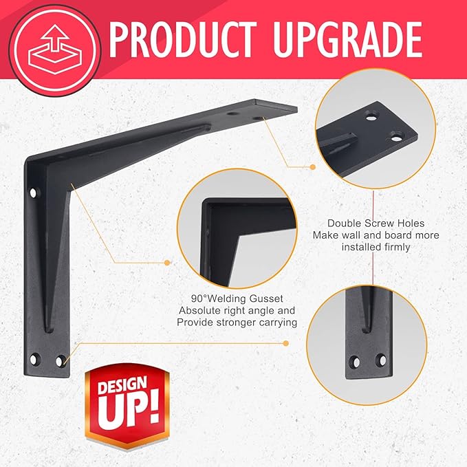 CLT Black Shelf Bracket, 16” Quarter Inch (1/5") Thick- Max Load: 440 lb Industrial Modern Farmhouse Heavy Duty Corner Brace Joint Right Angle Bracket for Table Bench, Space Saving DIY, Pack of 4
