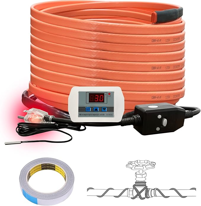 Cupohus Heat Tape for Water Pipes with Digital Display Thermostat 40FT, Freeze Protection Self-Regulating Heat Trace Cable for Metal, Plastic Home Pipes, Roof and RV, 110-120V