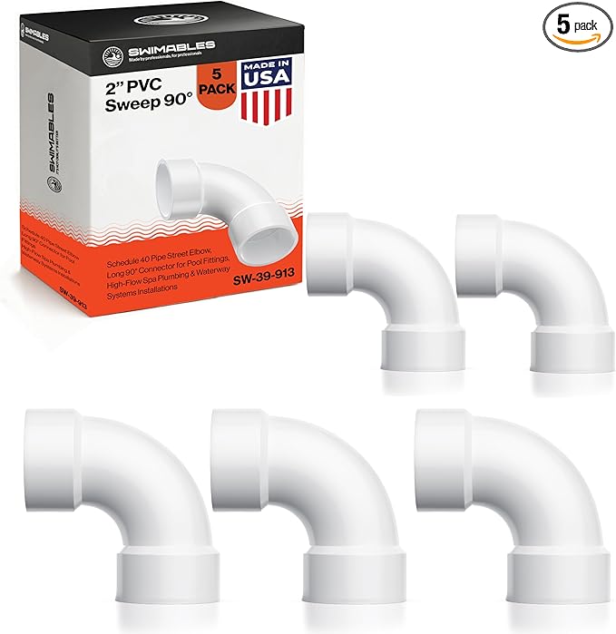 Swimables 2 Inch PVC Sweep 90 - Long Elbow Connector, Schedule 40 5 PVC Sweep 90 Degree Elbow, High-Flow Pipe Elbows Fitting, Compatible with Spa Plumbing & Waterway Installations (5 Packs)