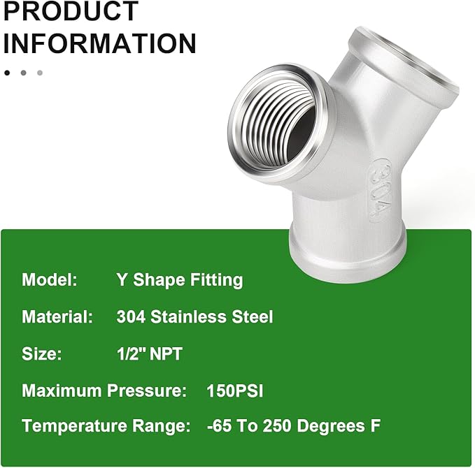 TAISHER 5PCS 304 Stainless Steel Y Shape 3 way Pipe Fittings, 1/2" x 1/2" x 1/2" NPT Female Pipe Fittings