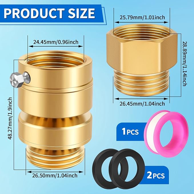 Boltigen Self Draining Vacuum Breaker, No Lead Brass 3/4" GHT Hose Bib Backflow Preventer, Comes With 1-1/16" Female x 3/4" Male Brass Converter, Fit 1-1/16'' Fine Thread and 3/4" GHT Faucet