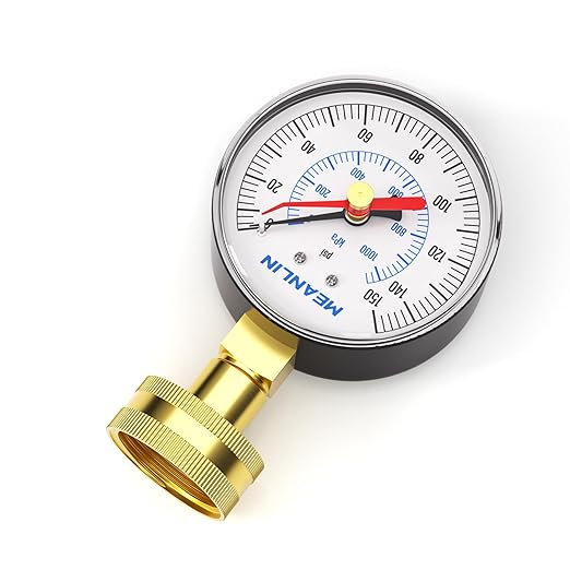 MEANLIN MEASURE 0~150Psi 3/4" Female Water Pressure Test Gauge, 2.5" FACE DIAL with Red Indicator Hands, Hydraulic Tester Suitable for Gardens, Water Pipes