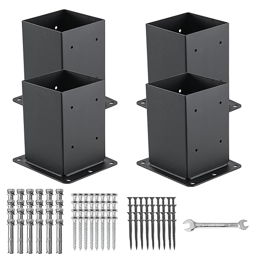 4x4 Post Base 4 Pcs, (Inner Size 3.6x3.6) Post Anchors, 13GA Thick Solid Steel & Black Powder Coated,Deck Post Brackets Support Deck Base Plate Pergola Brackets Fence Kit Mailbox Mount