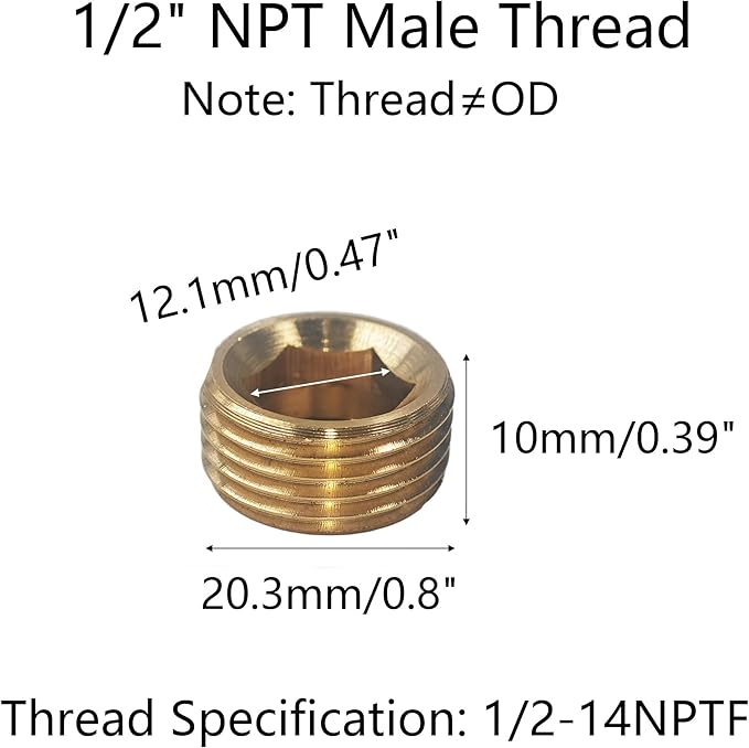 12PCS 1/2" NPT Male Plug Fitting Set, Brass Hex Counter Sunk Plugs, Internal Hex Socket Thread Pipe Plug for Closing the End of Pipe