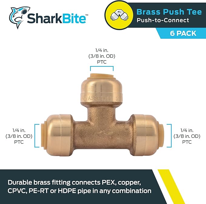 SharkBite 1/4 Inch (3/8 Inch OD) Tee, Pack of 6, Push to Connect Brass Plumbing Fitting, PEX Pipe, Copper, CPVC, PE-RT, HDPE, U358LF