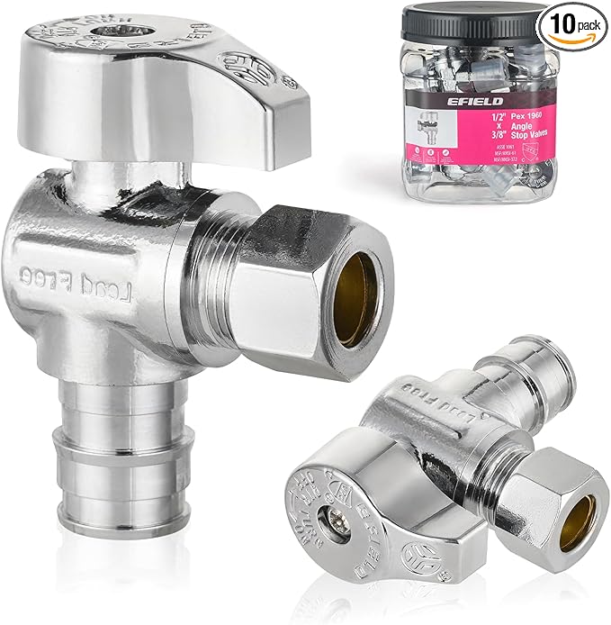 Pro 10-Pack EFIELD Stop Angle Valve Pex-A 1/4 Turn, 3/8" OD Compression X 1/2" Pex-A Expansion, Chrome Plated LF Brass, Heavy Duty,(VALVE378)