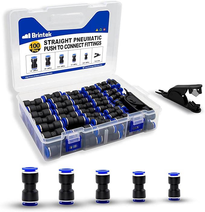 100PCS Push to Connect Fittings Pneumatic Air Line 4 6 8 10 12 mm Straight Push to Link Quick Release Connectors with 1PCS Tube Cutter