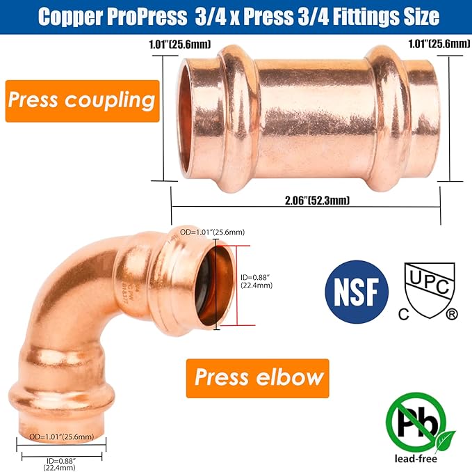 WHK 3/4" Copper Propress x 3/4" Pro Press Coupling Adater Fittings 8 Packs with 90 Degree Elbow 4 Packs use for Connect From Cooper to Cooper Pipe(Lead-Free,No Stop)