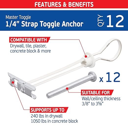 1/4" Heavy Duty Master Toggle-Bolt Strap Anchors (12 Pack) w/ 12 Steel Threaded Studs, 3/8" to 3-5/8" Grip Range, for 1/4"-20 Fastener Size - 240lb in 3/8-1/2" & 300lb in 5/8" Drywall Holding Strength