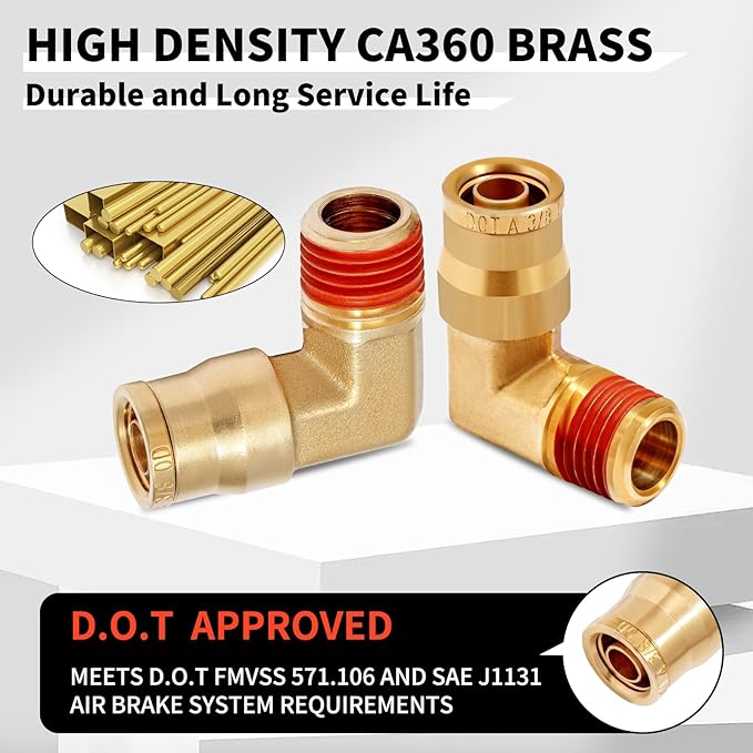 1/4 Brass Push to Connect Fittings 1/4" OD x 3/8" NPT Thread Male Elbow DOT Approved Air Brake Quick Connect Fittings Air Line Suspension Kit for Truck Trailers and Air System 2Pcs