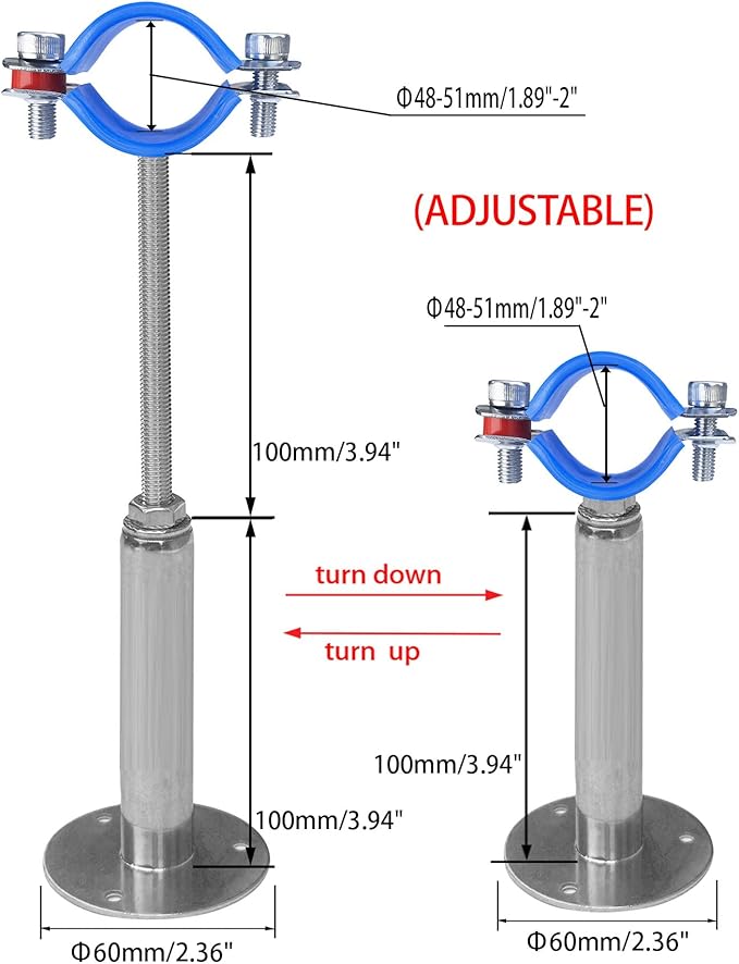 Wall Mount Ceiling Mount Pipe Supports,Adjustable Pipe Clamps、Hangers、 Stainless Steel 304,2PCS Suitable for Pipe OD 48-51mm Adjustable Height 100-200mm