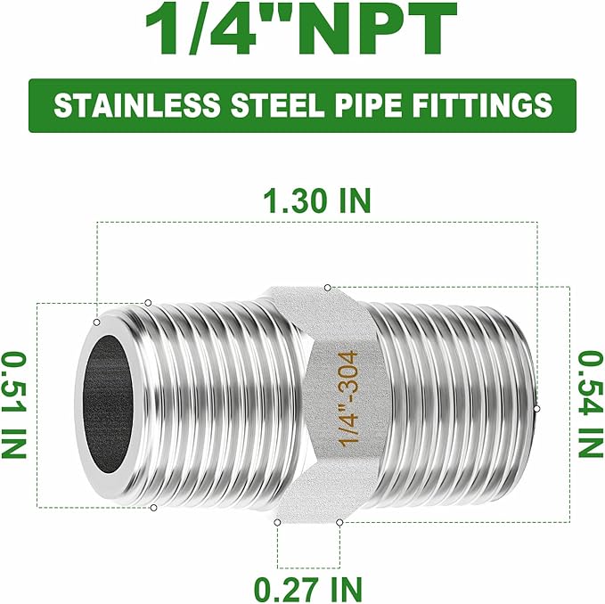 TAISHER 10PCS 304 Stainless Steel New Hex Nipple, 1/4" NPT Male x 1/4" NPT Male, Pipe Adapter Fitting