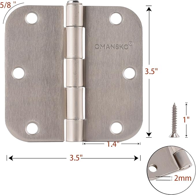 24 Pack Satin Nickel Door Hinges Brushed Nickel 3.5 x 3.5 Inch Door Hinges for Interior Door with 5/8 Radius Corners, 3 1/2 Inch Hinges for Residential Doors