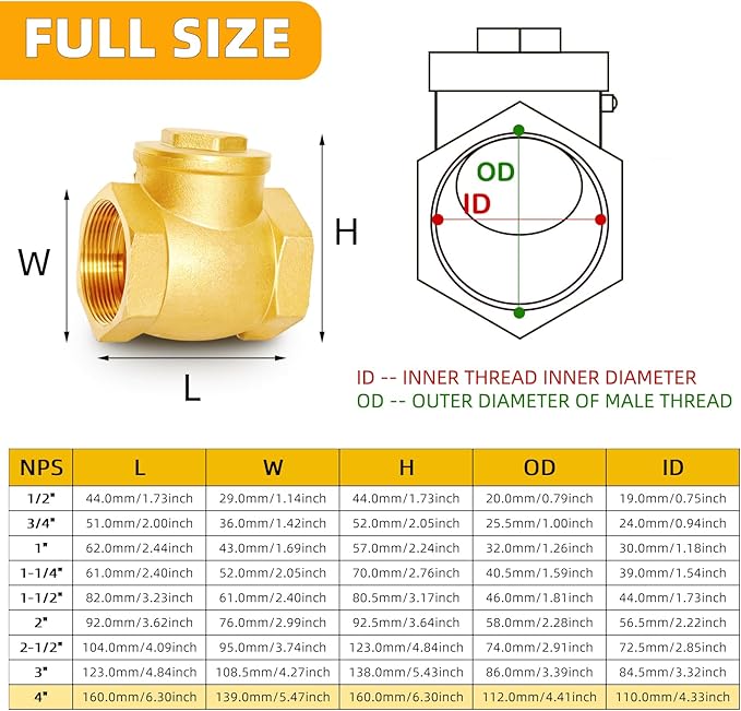 4" NPT Horizontal Check Valve, Brass Non Return Swing Check Valve to Prevent Water Backflow, Level One Way Counterflow Valve to Prevent the Medium Backflow for Oil Water Gas Air（4", DN100）