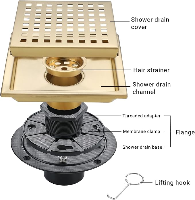 4 Inch Square Shower Floor Drain, Stainless Steel Black Shower Drain Kit with Flange, Floor Drain with Removable Grid Cover,Brushed Gold