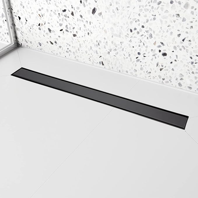 32 inch Linear Shower Drain with Removable Square Hole Panel by Using 304 Stainless Steel Process, Linear Drain Equipped with Adjustable Feet and Hair Strainer（Matte Black Color）