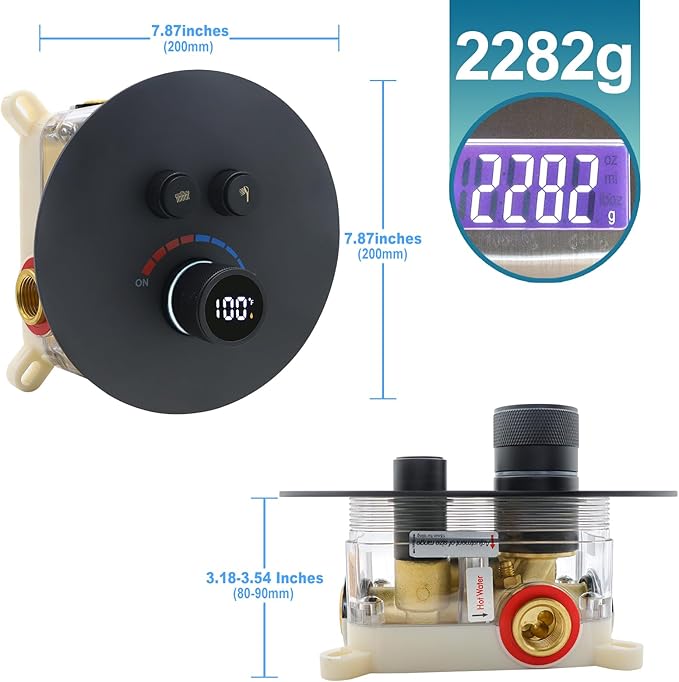 Round Digital Display Shower Valve 2 Way Shower Mixing Valve Concealed Installation Can Use All the Time Matte Black
