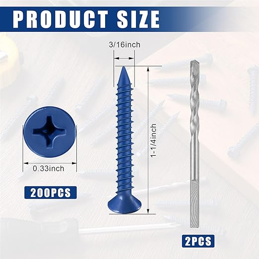 200 Qty 3/16" x 1-1/4" Phillips Flat Head Concrete Screws Anchor with Drill Bits Blue Screws for Anchor Masonry, Block, Brick, Cement, Stucco, Diamond Point and Wood Fastening