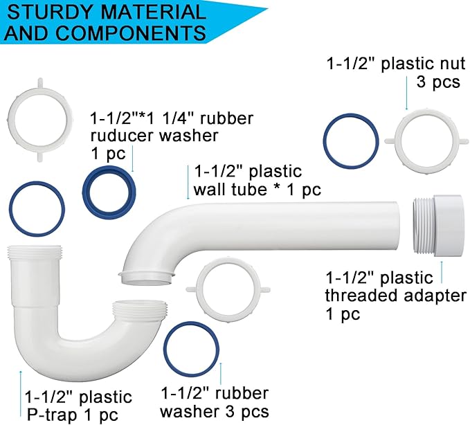 (1 Pack) Yariwiz White P Trap 1 1/2 Inch for Bathroom Kitchen Sink Drain Pipe Tubular Kit with White Threaded Adapter and Blue TPE Washer KSD-001W