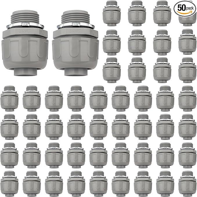 Conduit Connectors, 3/4 Inch Liquid Tight Connector NPT Non-Metallic for PVC Electrical Flexible Conduit Fittings, 180 Degree Straight, UL Listed for Home Outdoor Tubes Tools, Grey (50-Pack)