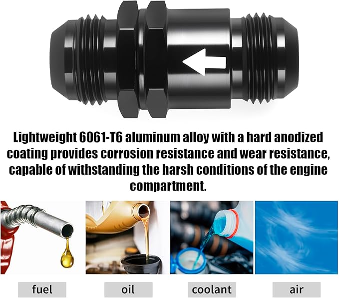 AN10 One Way Non Return Check Valve 10AN to AN10 Male Flare Inline Fitting Aluminum Black 2PCS