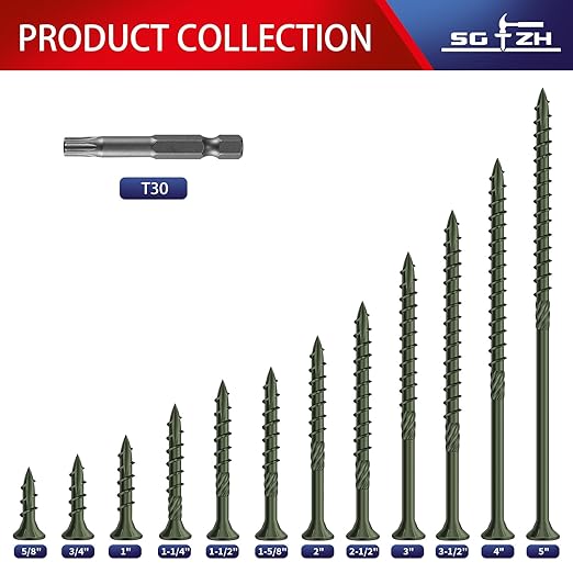 #14 x 6 Inch Deck Screws (200Pcs) 8lb. Carbon Steel, Green, Flat Head, Rust Resistant epoxy Coated, with T30 Star Bit