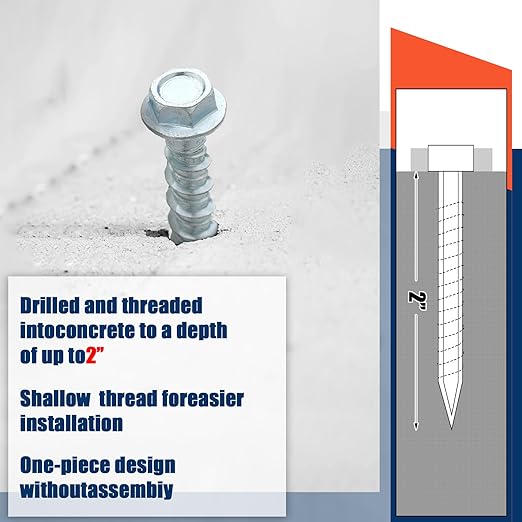 Tandefio 50 Pack 1/4" x 2" Concrete Screw Anchor Galvanized Large Diameter Heavy Duty Plated Concrete Anchors for Masonry Brick Anchoring Block Decking Framing Hex Drive