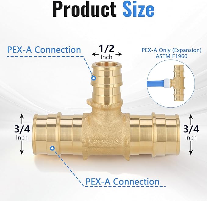 (10-Pack YVSKM) 3/4" x 3/4" x 1/2” PEX-A Reducing Tee Expansion Fitting, Lead-Free Brass Full Flow Connector, ASTM F1960 & cUPC Certified for Residential Hot & Cold Water and Radiant Heating Systems