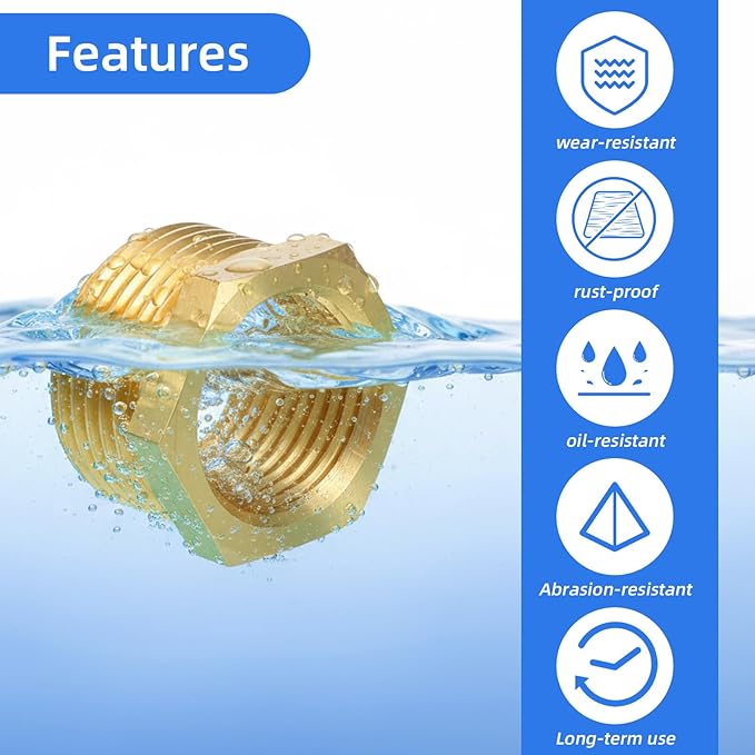 4pcs Brass Reducer Hex Bushing, 3/4" NPT Male to 1/2" NPT Female Heavy Duty Threaded Pipe Air Hose Fitting Reducer Adapter for Plumbing Gas Hydraulic Systems