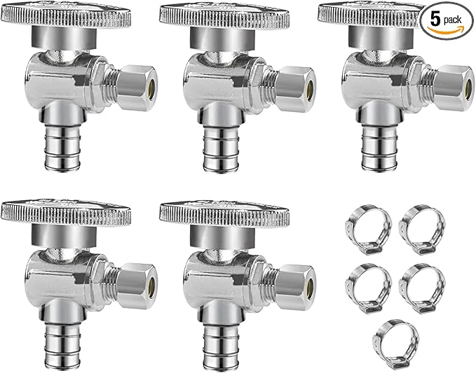 WiseWater Angle Stop Valve 1/2" PEX x 3/8" Compression, 1/4 Turn Shut Off Valve, Chrome Brass Plumbing Fitting for Ice Maker, Sink & Toilet (5-Pack)