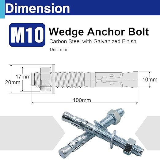 10Pcs 3/8" × 4" Concrete Anchor Bolts, Zinc Plated Carbon Steel Wedge Anchors for Cement, Brick, and Masonry