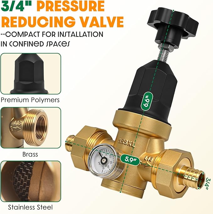Upgraded 3/4" Water Pressure Regulator, FNPT Double Union, Polymer, Visual Pressure Gauge, 10–70 PSI, Precise Adjustment, One-stop Water Solution, For Residential or Commercial Premises