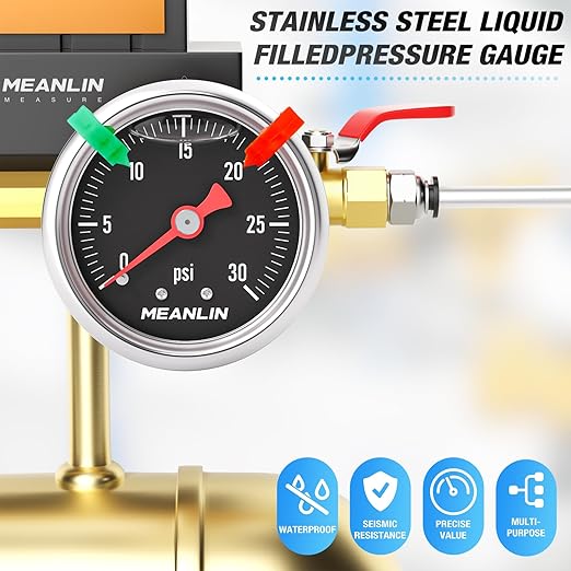 MEANLIN MEASURE 0~30Psi Black Stainless Steel Pressure Gauge, Glycerin Filled 1/8" NPT 1.5" FACE DIAL, Liquid Filled Pressure Gauge WOG Water Oil Air Back Mount (with 2PCS Snaps)